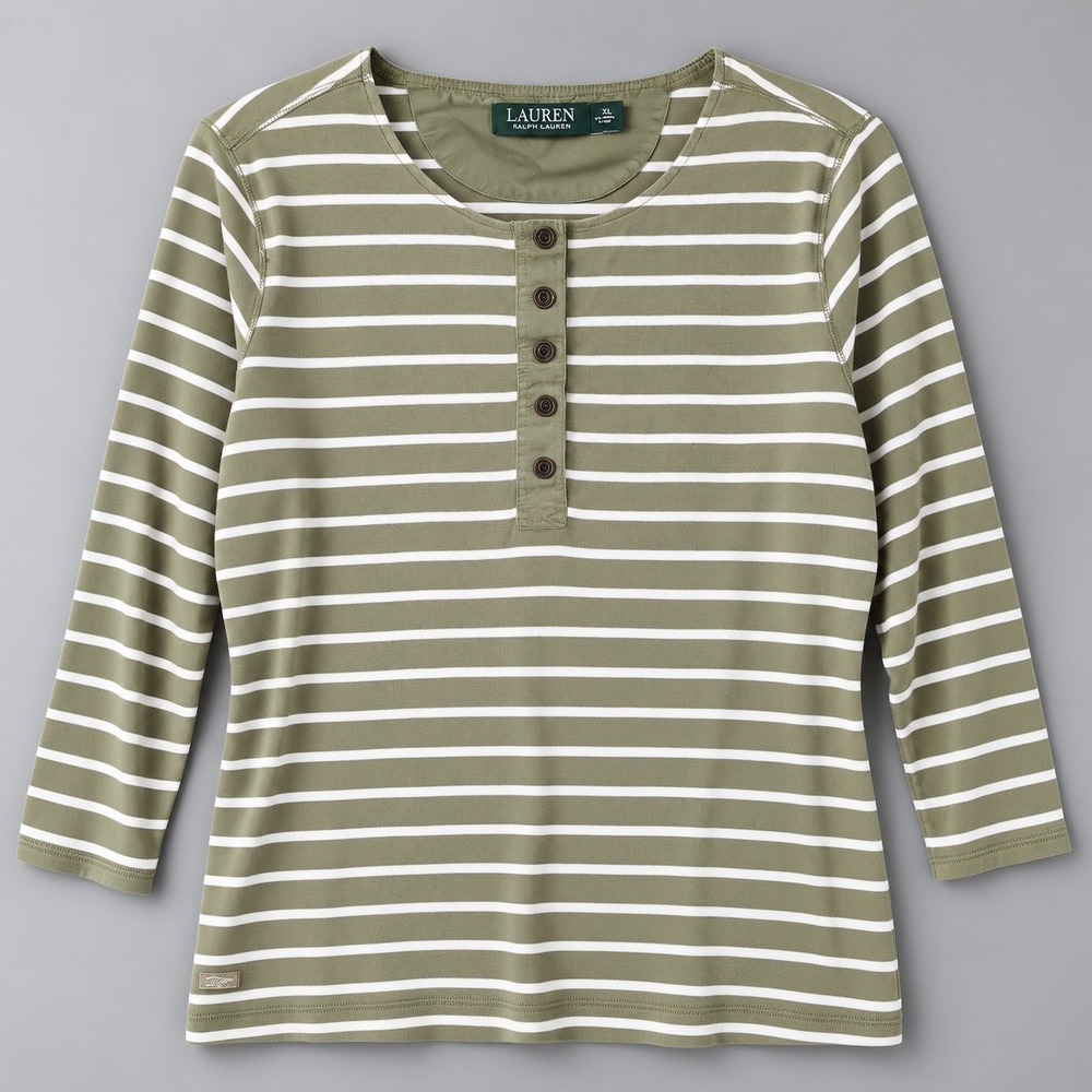Lauren Ralph Lauren Henley Top XL Olive Green White Striped 3/4 Sleeve Cotton